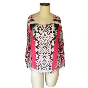 AGB Blouse Tribal Geometric Pattern Petal Pink Elastic Hem Flowy Blouse Size M